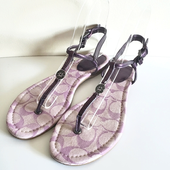 Coach Shoes - Coach Purple Metallic T Strap Flat Buckle Slingback Leather Sandals Sz US 6.5 B